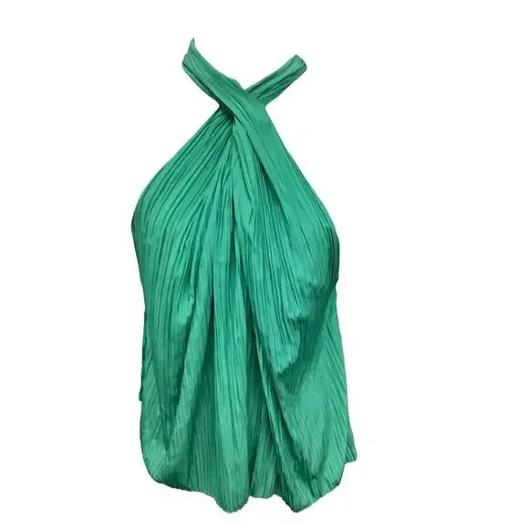 A.L.C. Rio Cross Front Plissé Top Green 10 M Halter Blouse Sleeveless $350 - Picture 4 of 5
